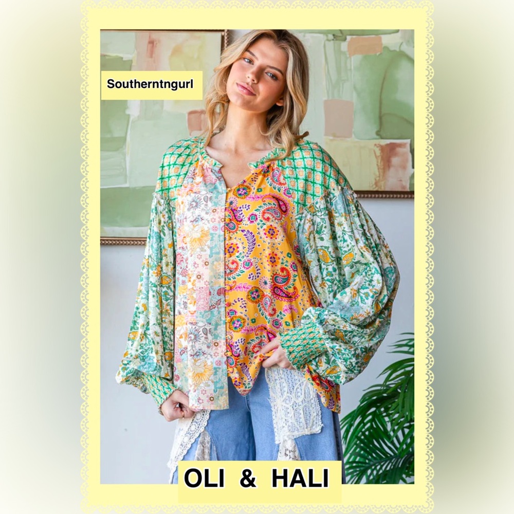 NWT OLI & HALI  Lightweight long sleeve V Neck Mixed Print High Low Top Blouse
